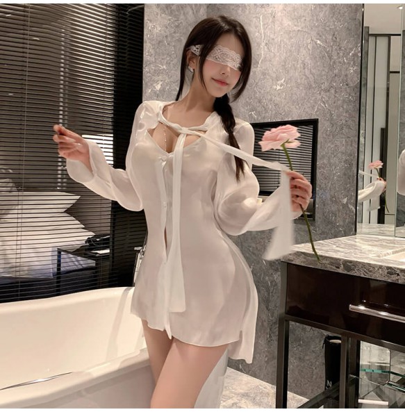 FEE ET MOI - Silky Lustre Boyfriend Tie Shirt (White)